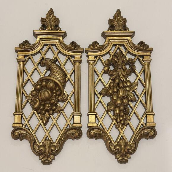 VTG Dart Homco Wall Plaques '71 Gold Lattice Hollywood Regency Plastic Decor USA - Picture 1 of 16